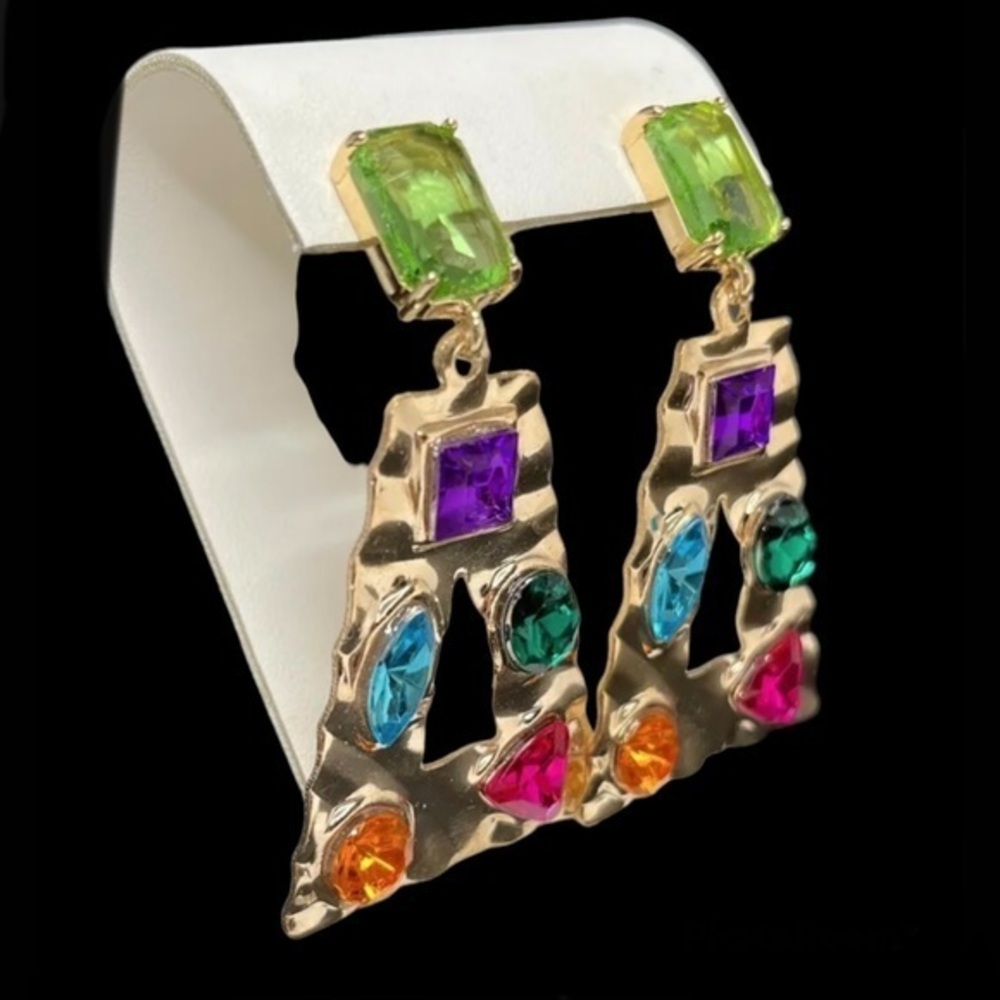 Door Knocker Earrings Gold Tone Pierced Rhinestones Colorful Mogul Hammered